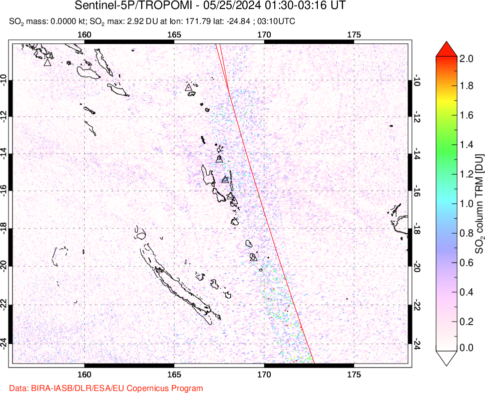 A sulfur dioxide image over Vanuatu, South Pacific on May 25, 2024.