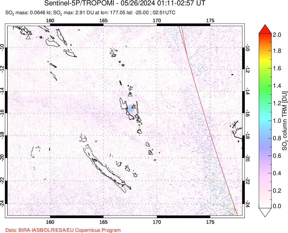 A sulfur dioxide image over Vanuatu, South Pacific on May 26, 2024.