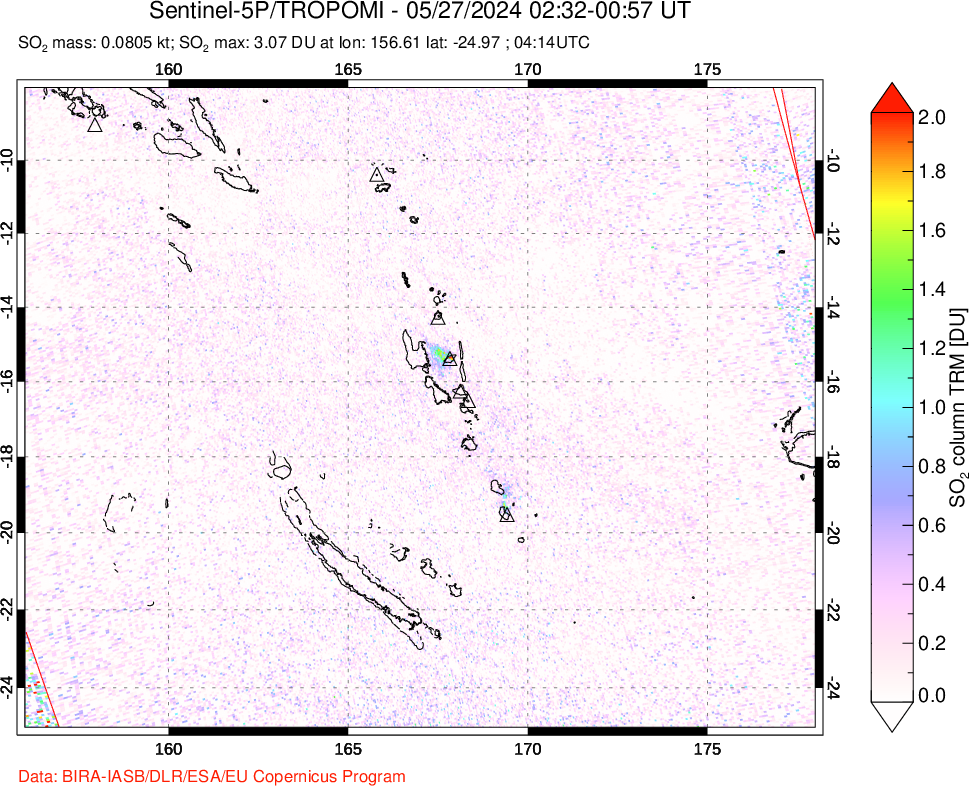 A sulfur dioxide image over Vanuatu, South Pacific on May 27, 2024.