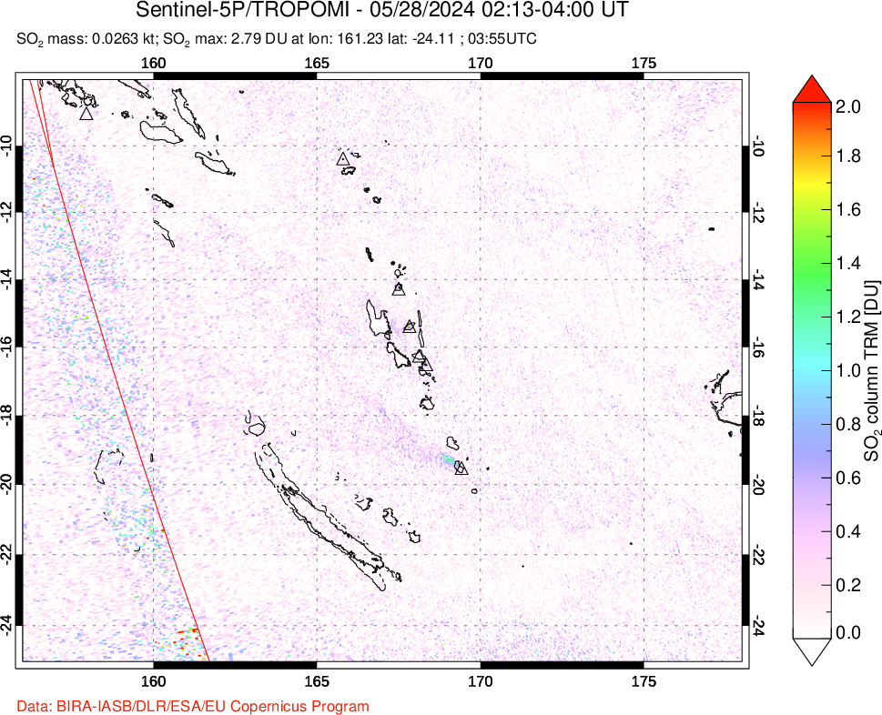 A sulfur dioxide image over Vanuatu, South Pacific on May 28, 2024.