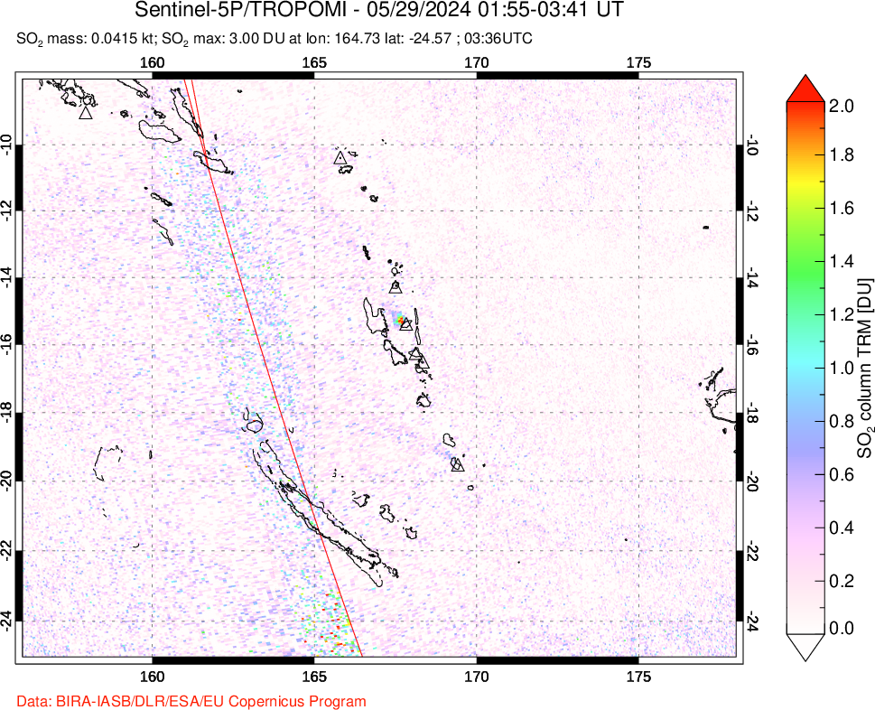 A sulfur dioxide image over Vanuatu, South Pacific on May 29, 2024.