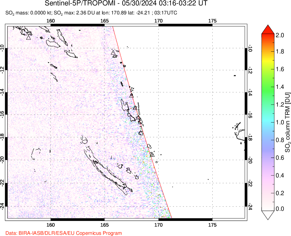 A sulfur dioxide image over Vanuatu, South Pacific on May 30, 2024.