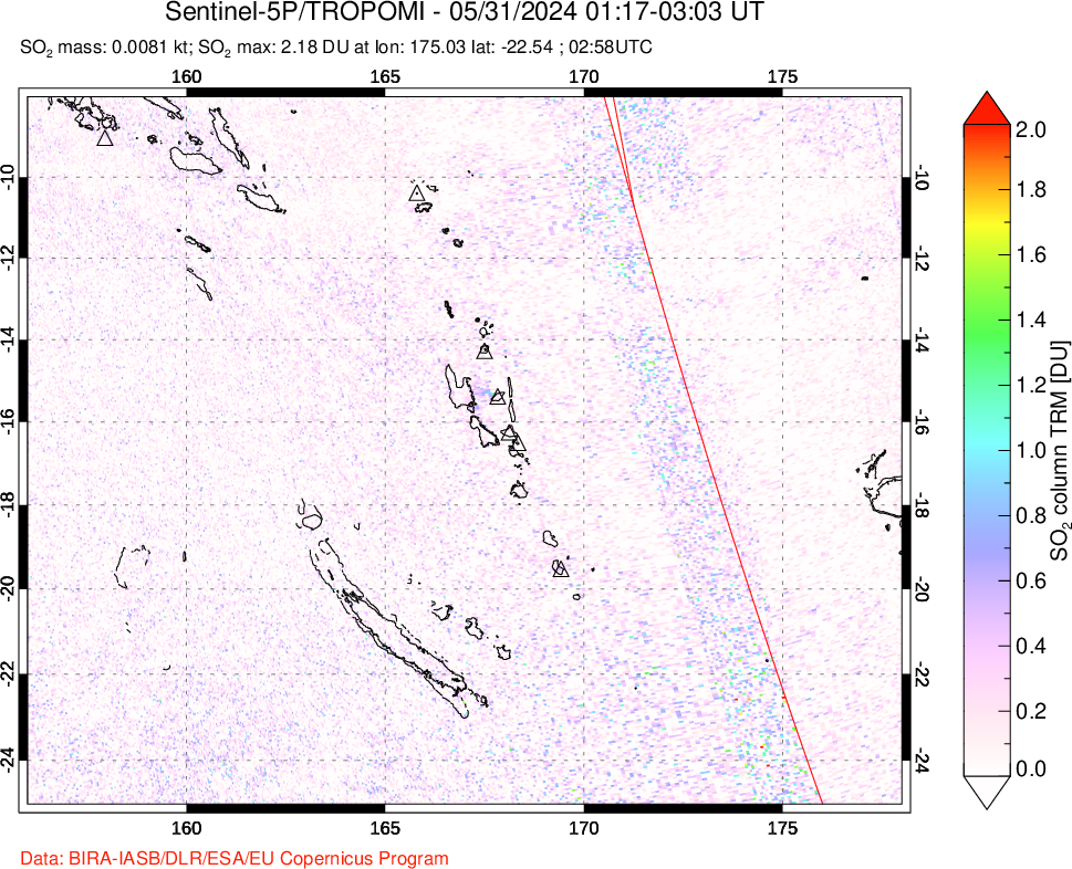 A sulfur dioxide image over Vanuatu, South Pacific on May 31, 2024.