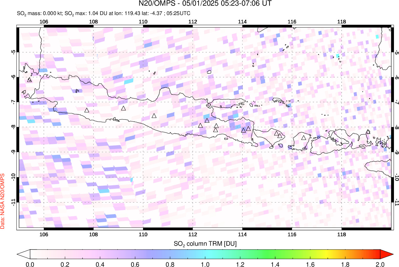 A sulfur dioxide image over Java, Indonesia on May 01, 2025.