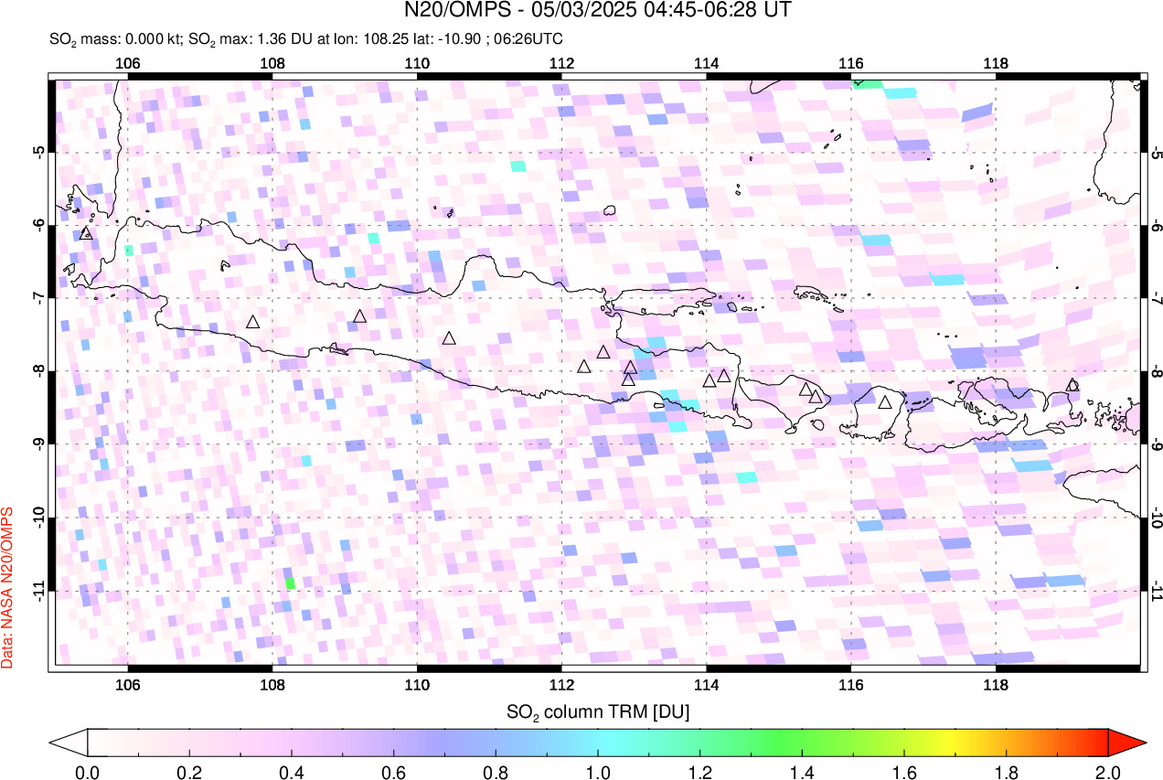 A sulfur dioxide image over Java, Indonesia on May 03, 2025.