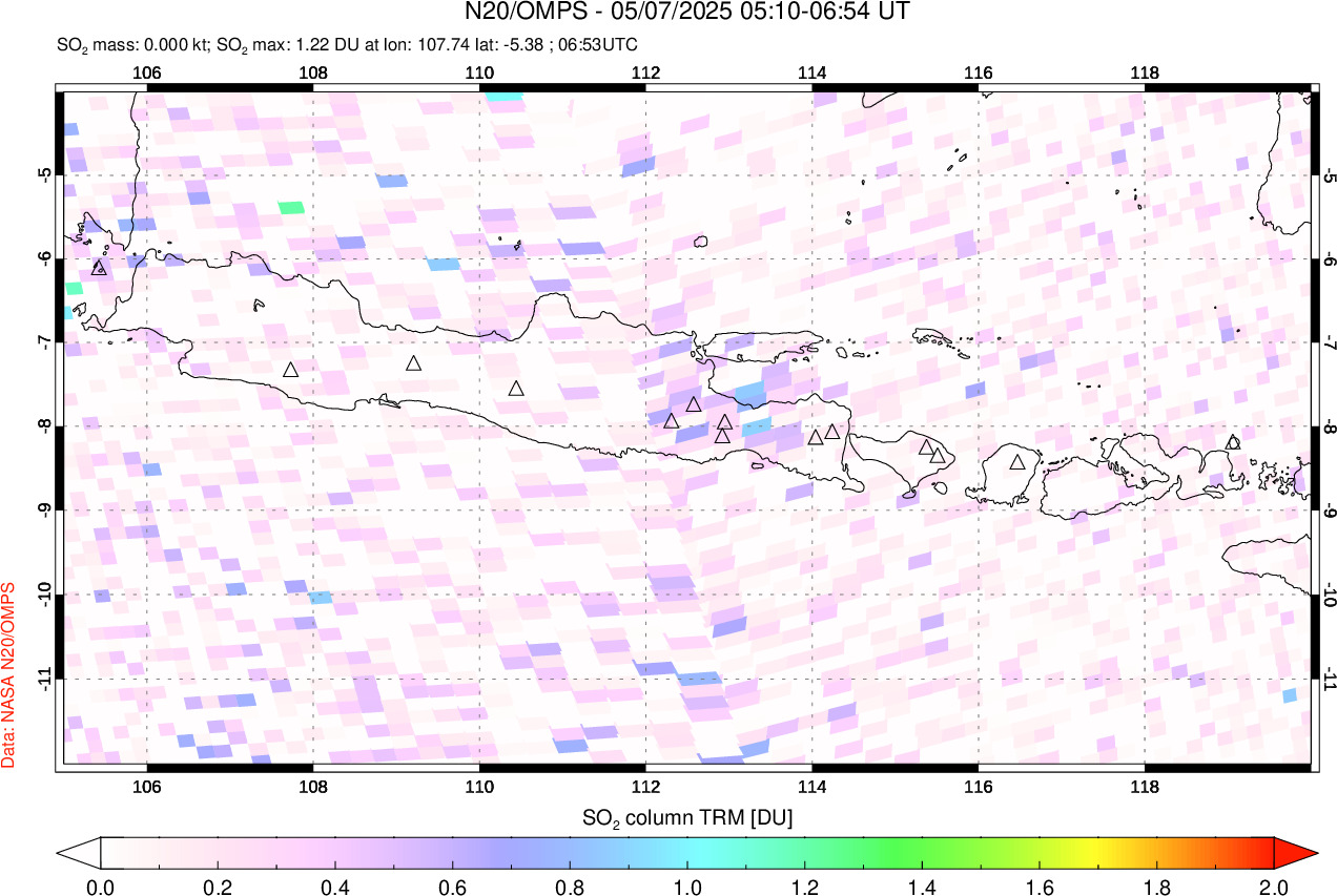 A sulfur dioxide image over Java, Indonesia on May 07, 2025.