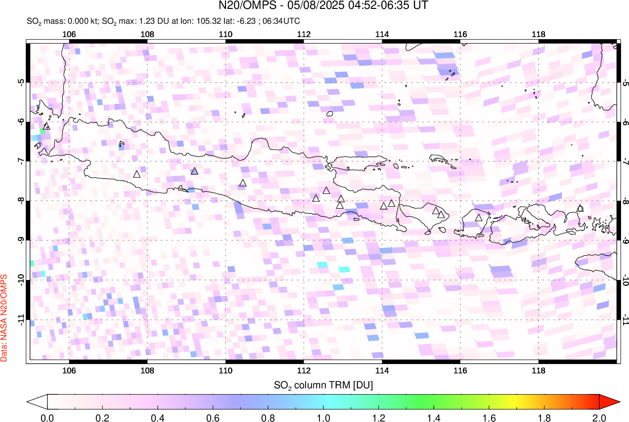 A sulfur dioxide image over Java, Indonesia on May 08, 2025.