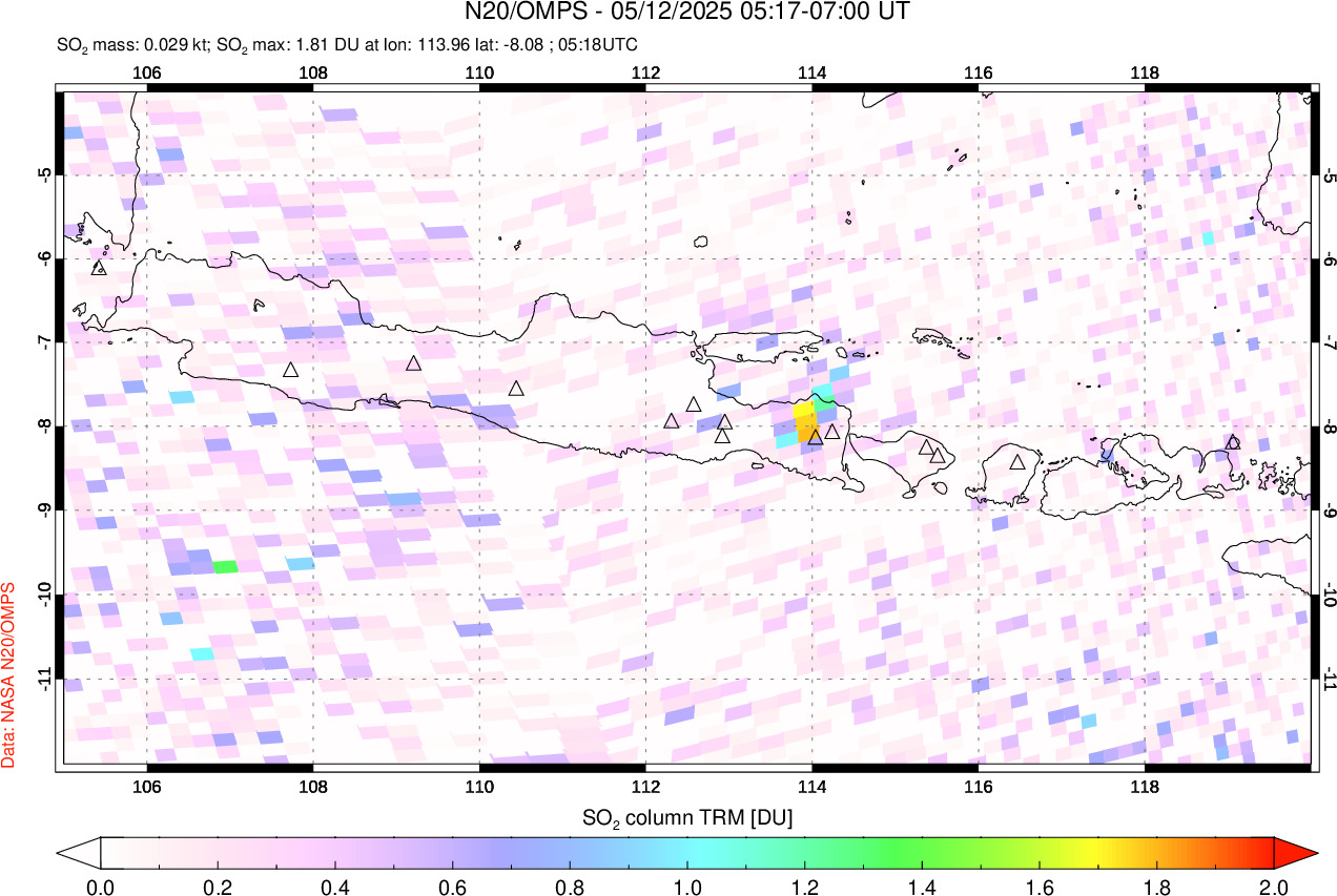 A sulfur dioxide image over Java, Indonesia on May 12, 2025.