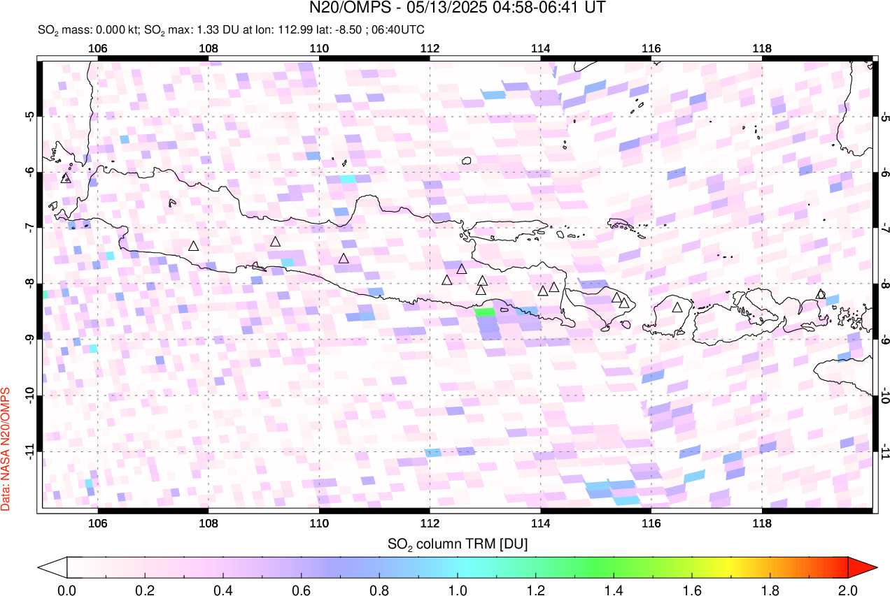 A sulfur dioxide image over Java, Indonesia on May 13, 2025.
