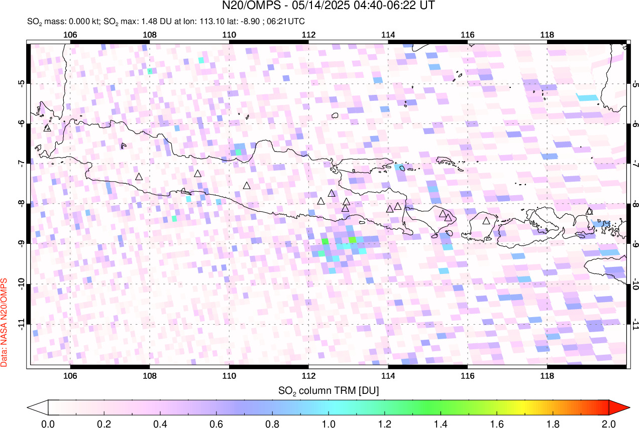 A sulfur dioxide image over Java, Indonesia on May 14, 2025.