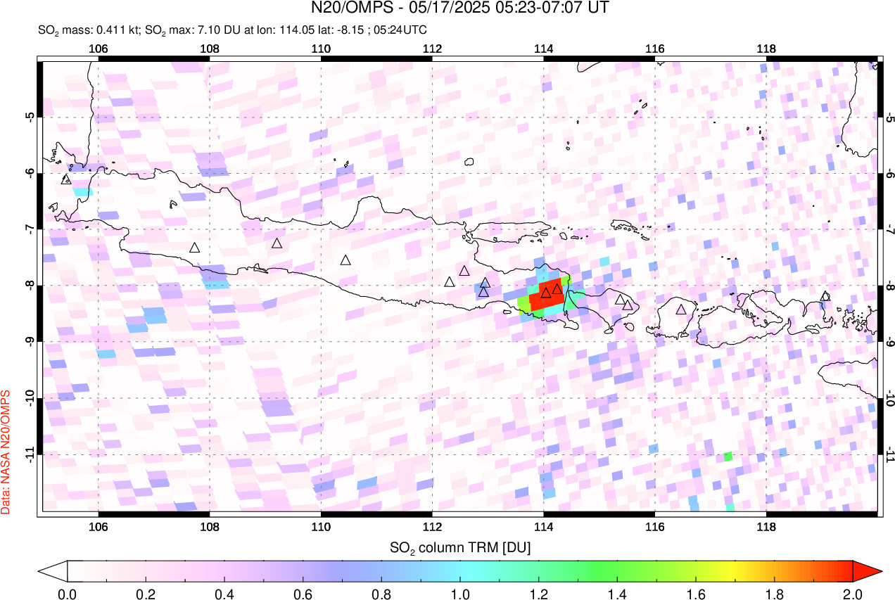 A sulfur dioxide image over Java, Indonesia on May 17, 2025.