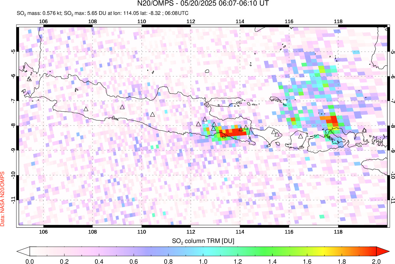 A sulfur dioxide image over Java, Indonesia on May 20, 2025.