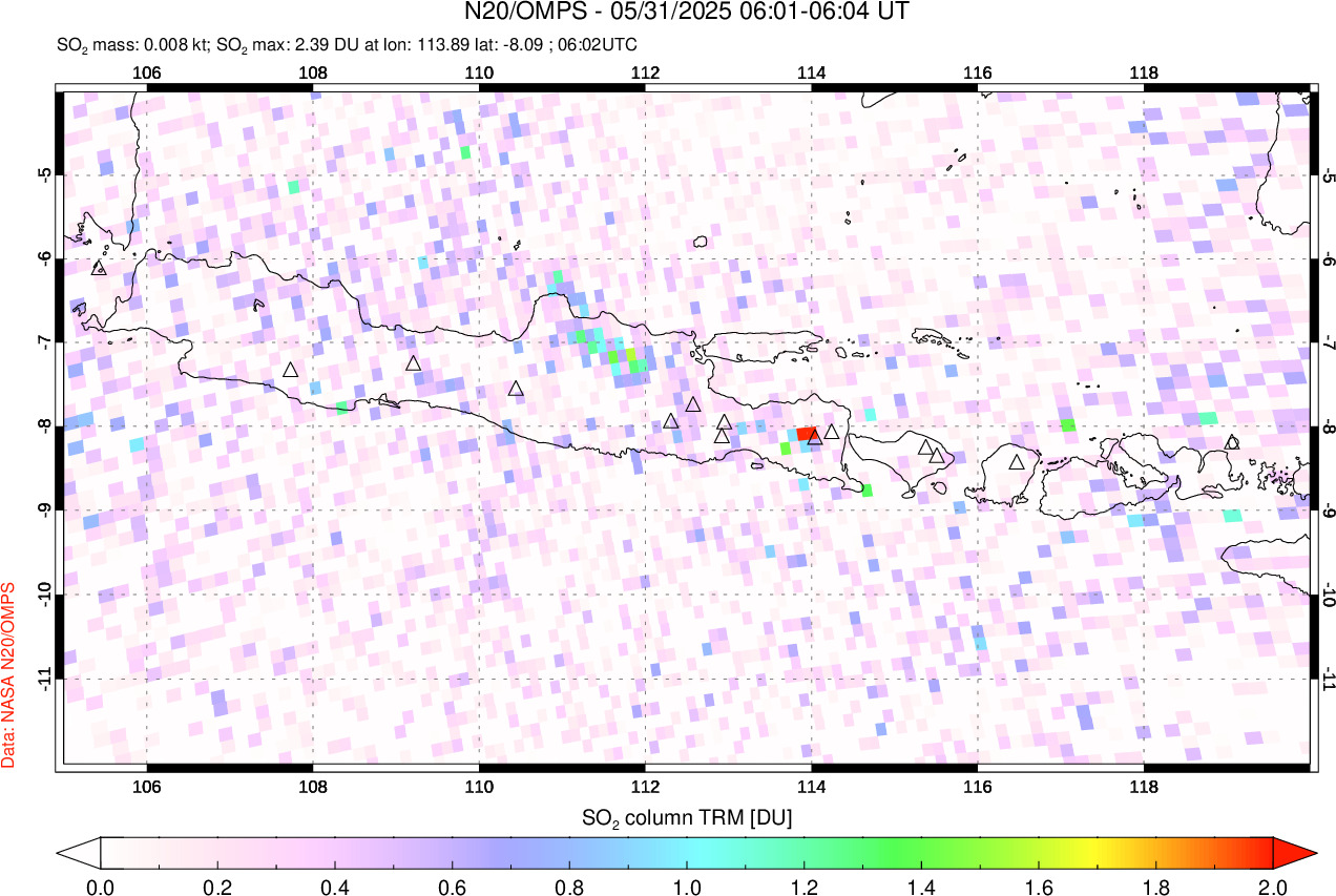 A sulfur dioxide image over Java, Indonesia on May 31, 2025.