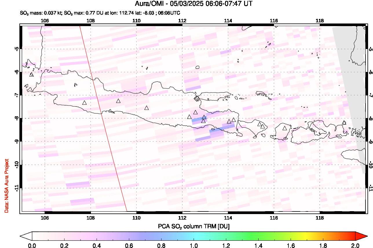 A sulfur dioxide image over Java, Indonesia on May 03, 2025.