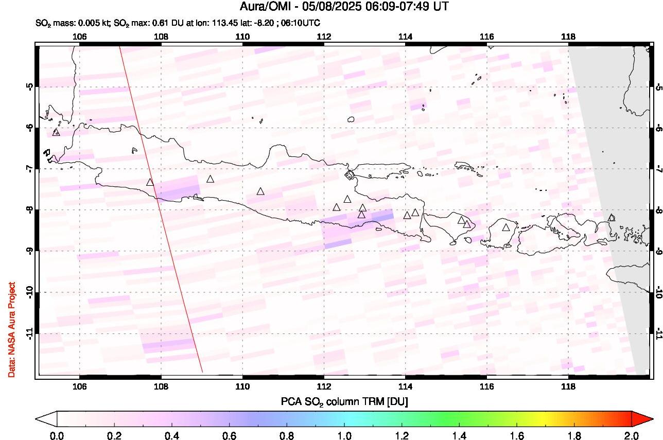 A sulfur dioxide image over Java, Indonesia on May 08, 2025.
