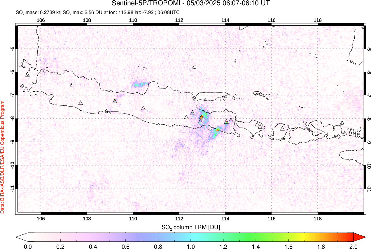 A sulfur dioxide image over Java, Indonesia on May 03, 2025.