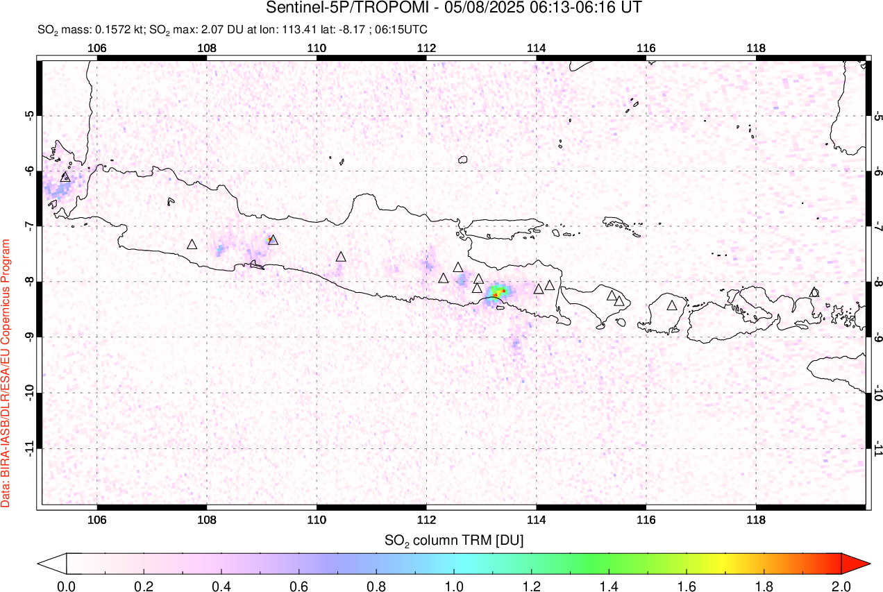 A sulfur dioxide image over Java, Indonesia on May 08, 2025.