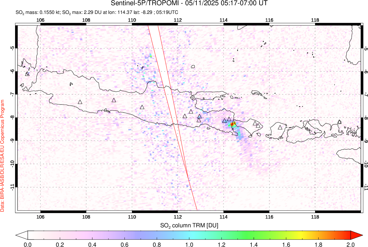 A sulfur dioxide image over Java, Indonesia on May 11, 2025.