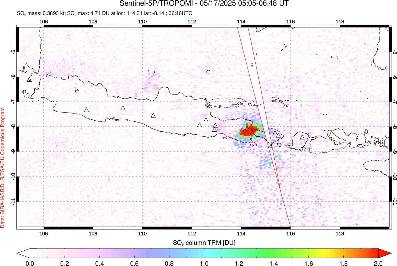 A sulfur dioxide image over Java, Indonesia on May 17, 2025.