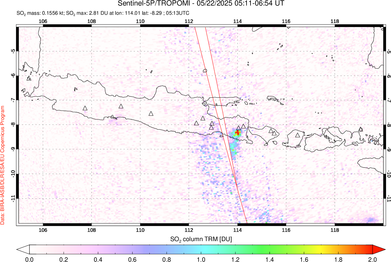 A sulfur dioxide image over Java, Indonesia on May 22, 2025.