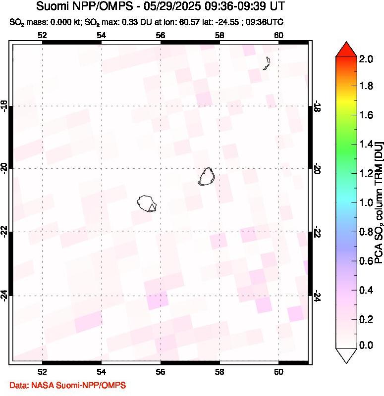A sulfur dioxide image over Reunion Island, Indian Ocean on May 29, 2025.