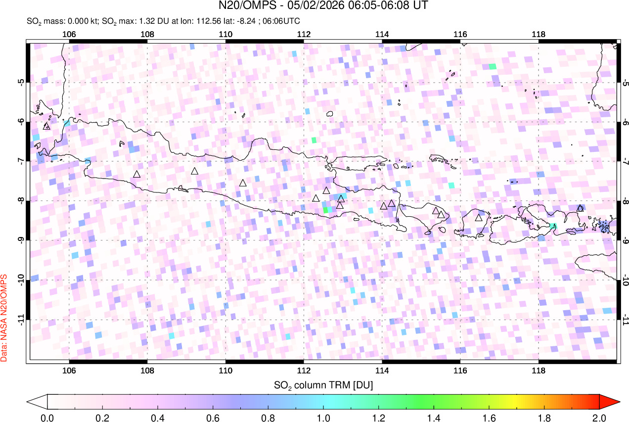 A sulfur dioxide image over Java, Indonesia on May 02, 2026.