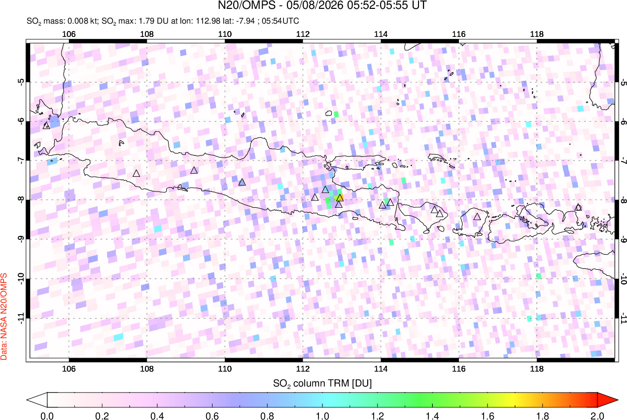 A sulfur dioxide image over Java, Indonesia on May 08, 2026.