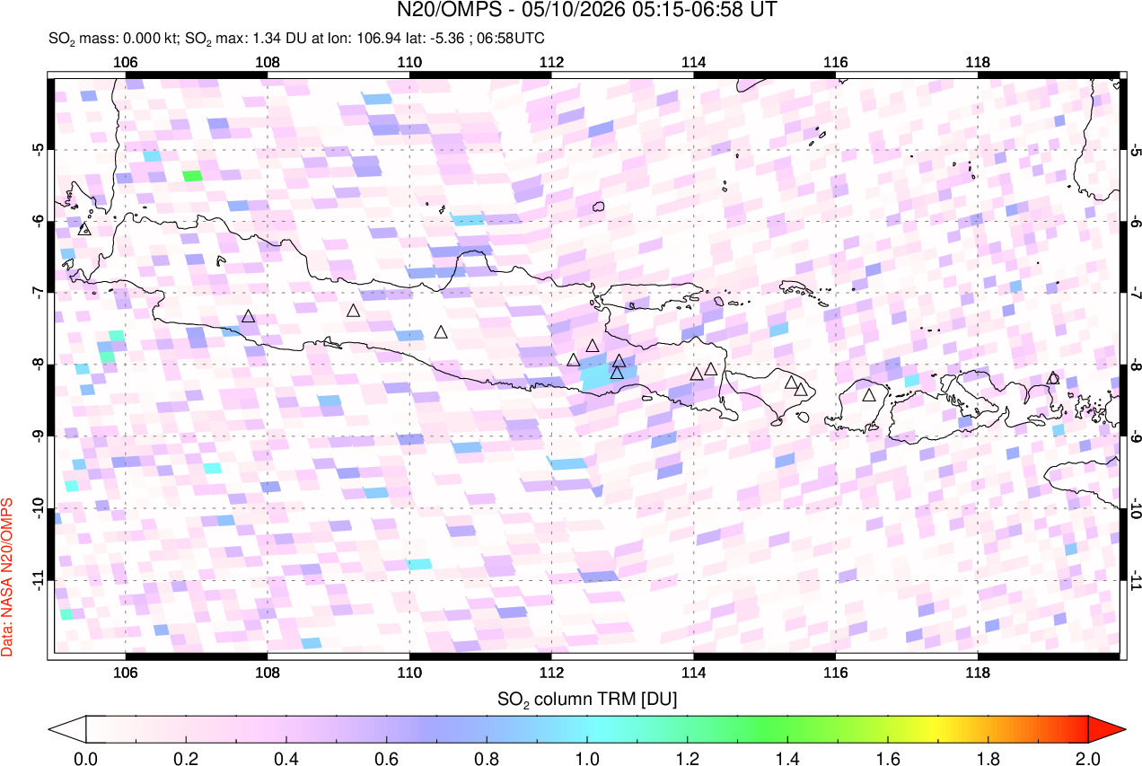 A sulfur dioxide image over Java, Indonesia on May 10, 2026.