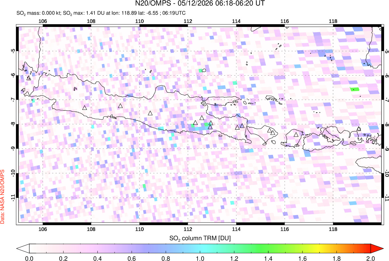A sulfur dioxide image over Java, Indonesia on May 12, 2026.