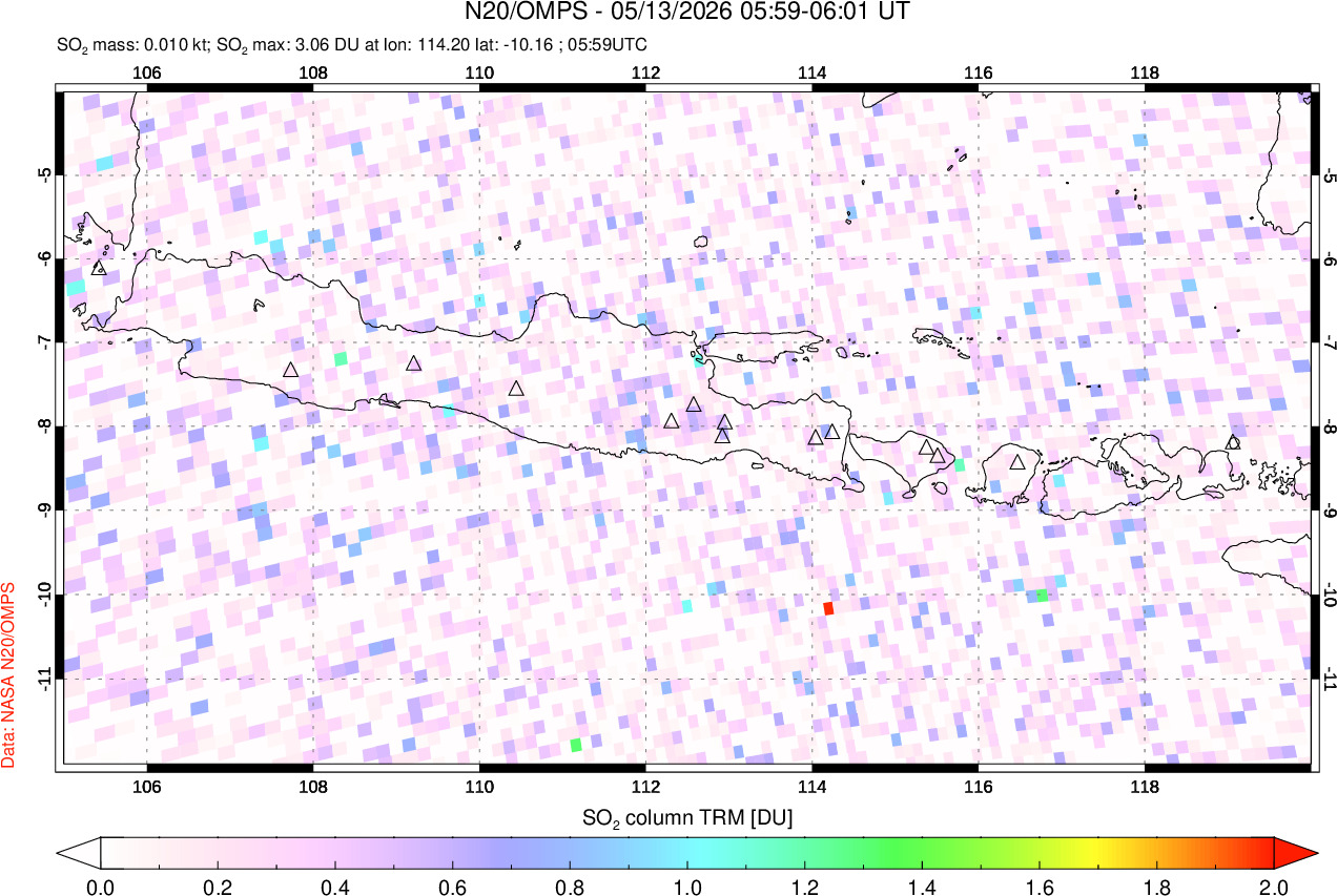 A sulfur dioxide image over Java, Indonesia on May 13, 2026.