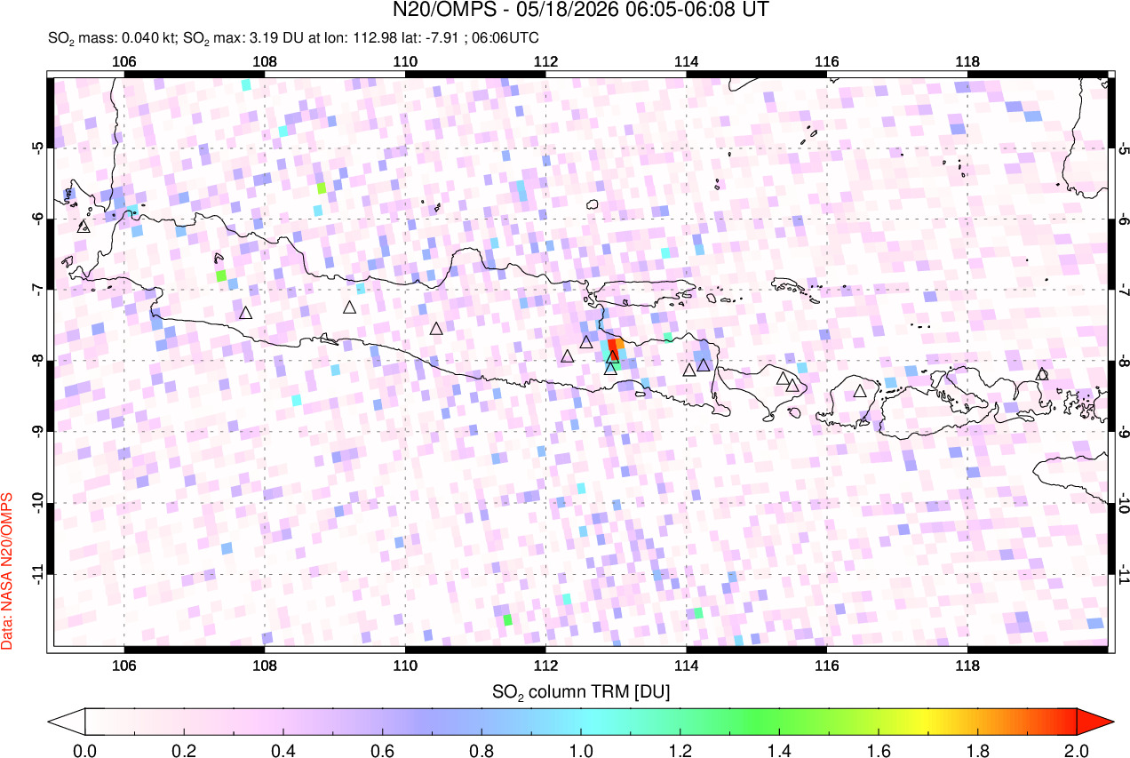 A sulfur dioxide image over Java, Indonesia on May 18, 2026.