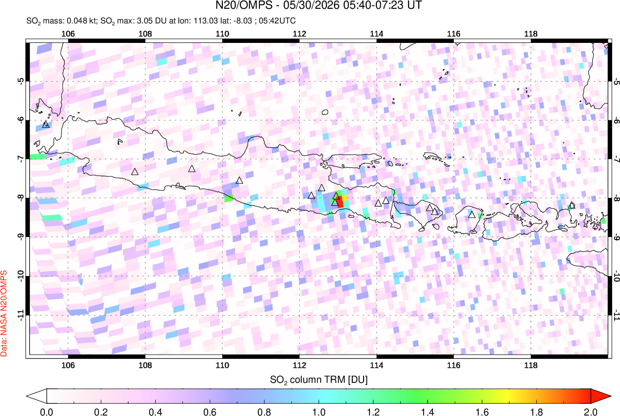 A sulfur dioxide image over Java, Indonesia on May 30, 2026.