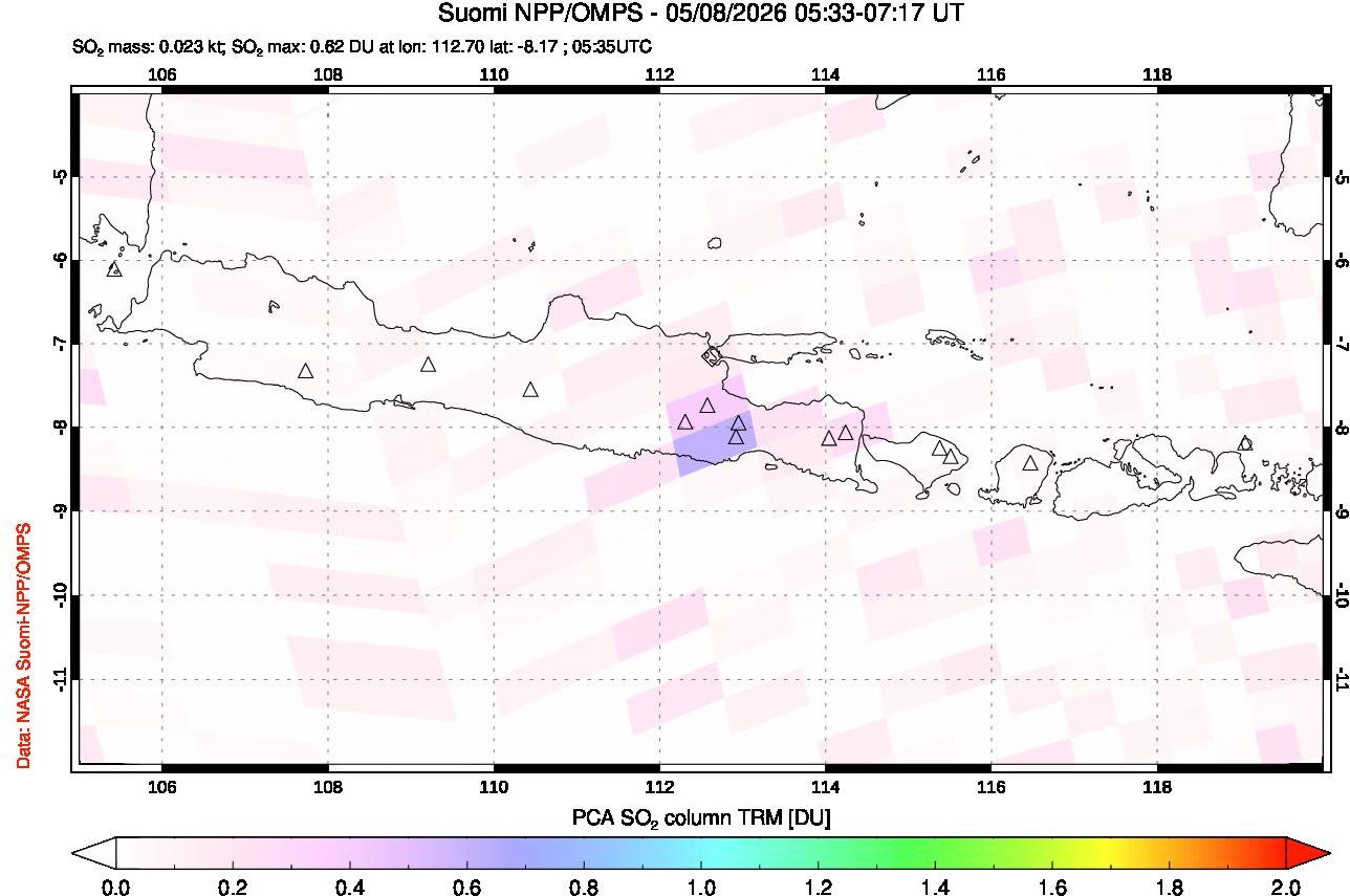 A sulfur dioxide image over Java, Indonesia on May 08, 2026.