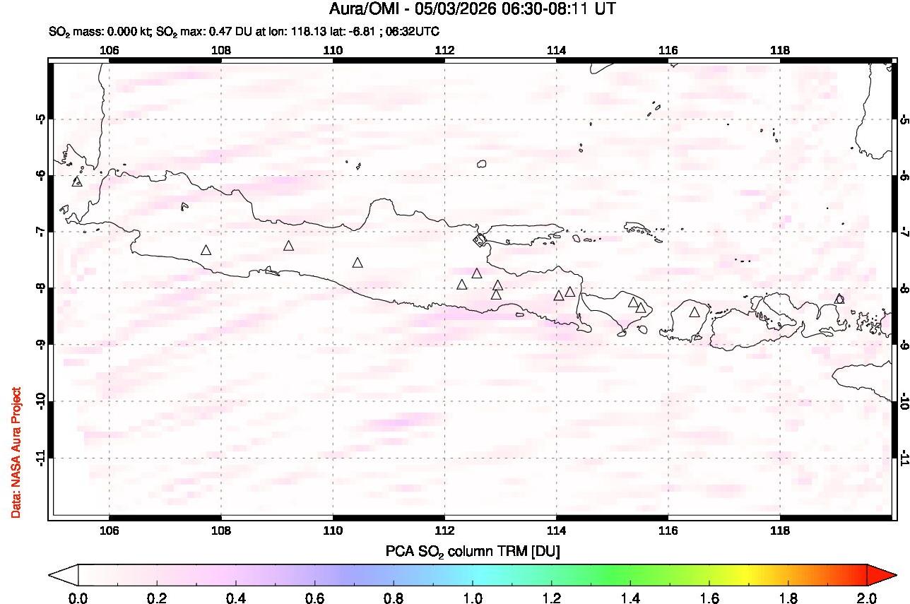 A sulfur dioxide image over Java, Indonesia on May 03, 2026.