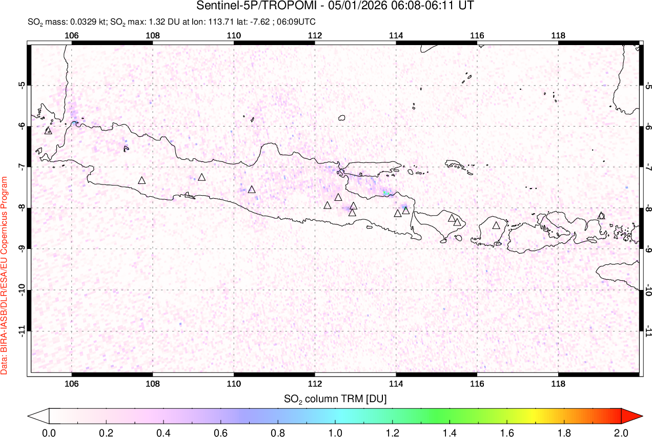 A sulfur dioxide image over Java, Indonesia on May 01, 2026.
