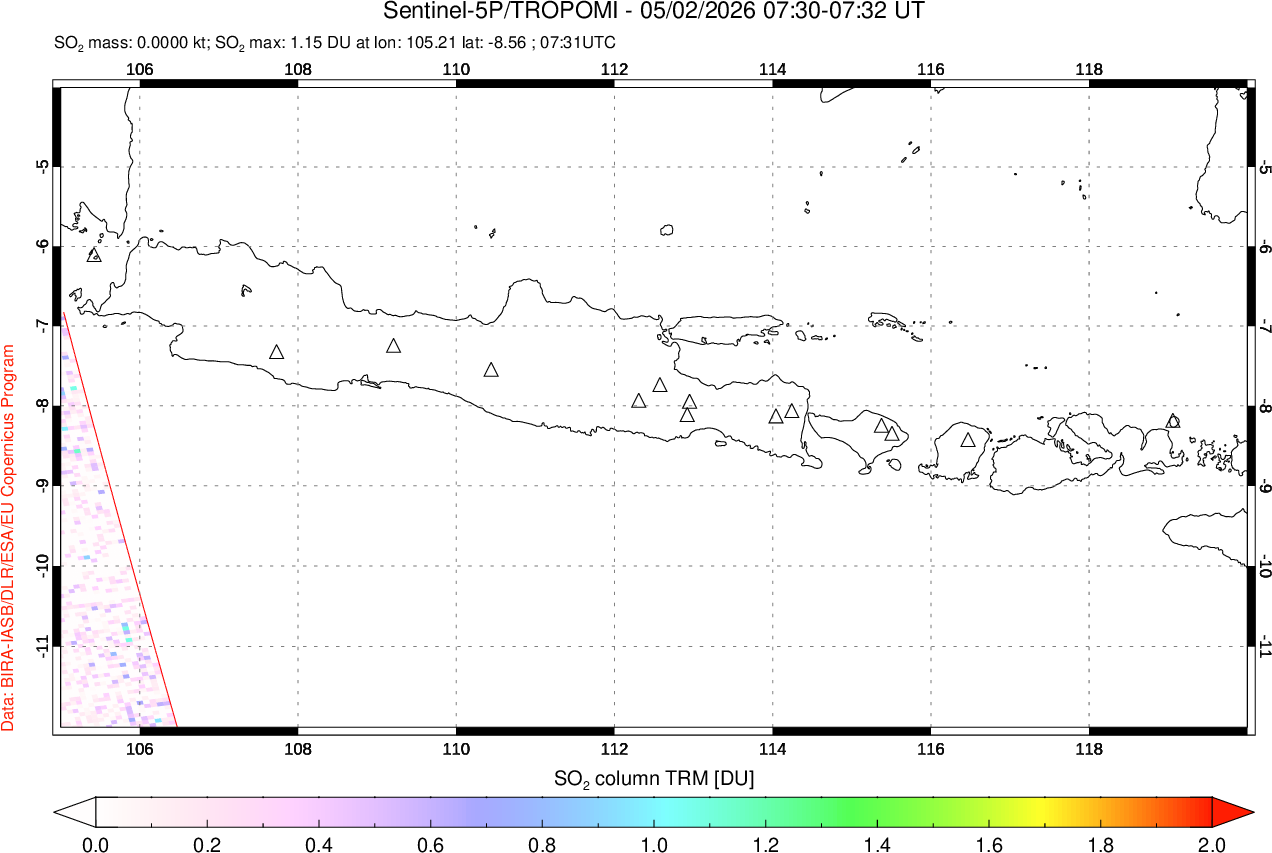 A sulfur dioxide image over Java, Indonesia on May 02, 2026.
