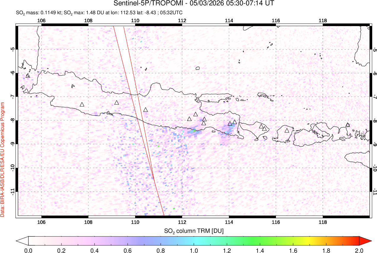 A sulfur dioxide image over Java, Indonesia on May 03, 2026.