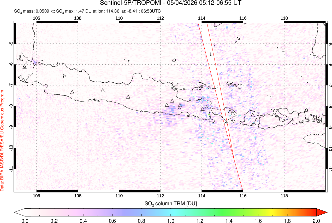 A sulfur dioxide image over Java, Indonesia on May 04, 2026.