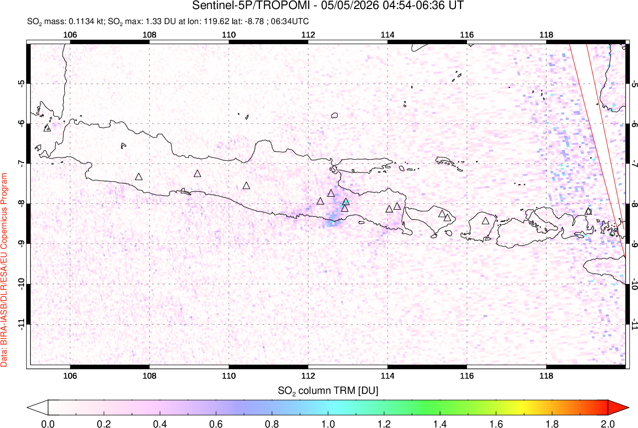 A sulfur dioxide image over Java, Indonesia on May 05, 2026.