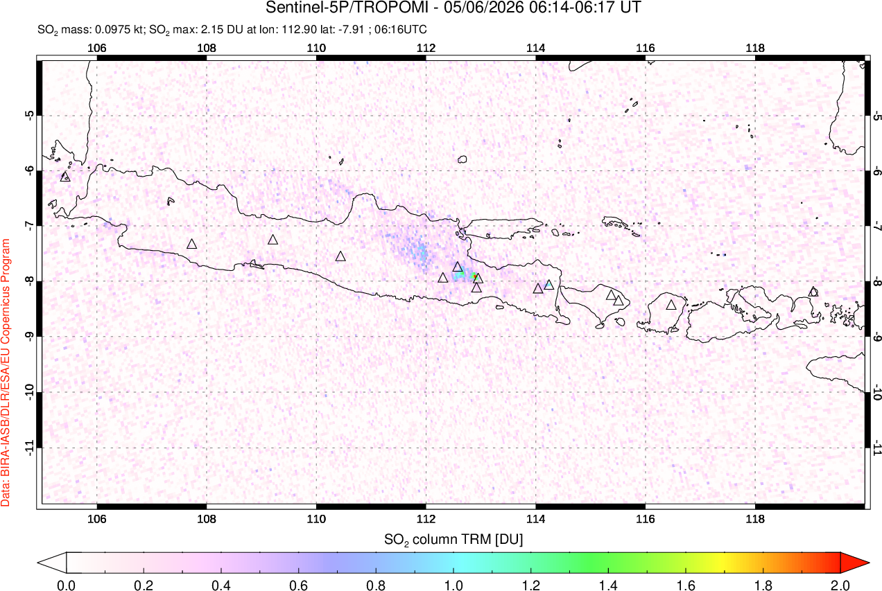 A sulfur dioxide image over Java, Indonesia on May 06, 2026.