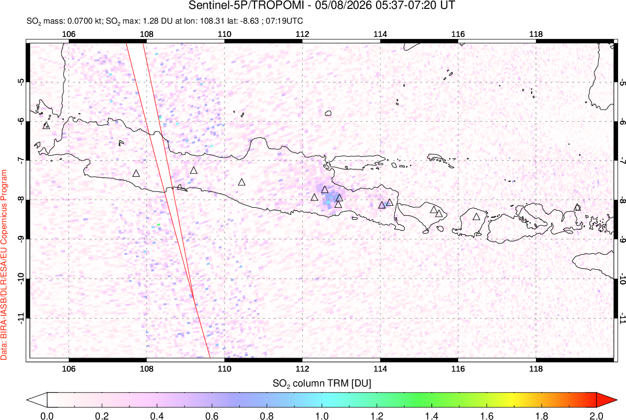 A sulfur dioxide image over Java, Indonesia on May 08, 2026.
