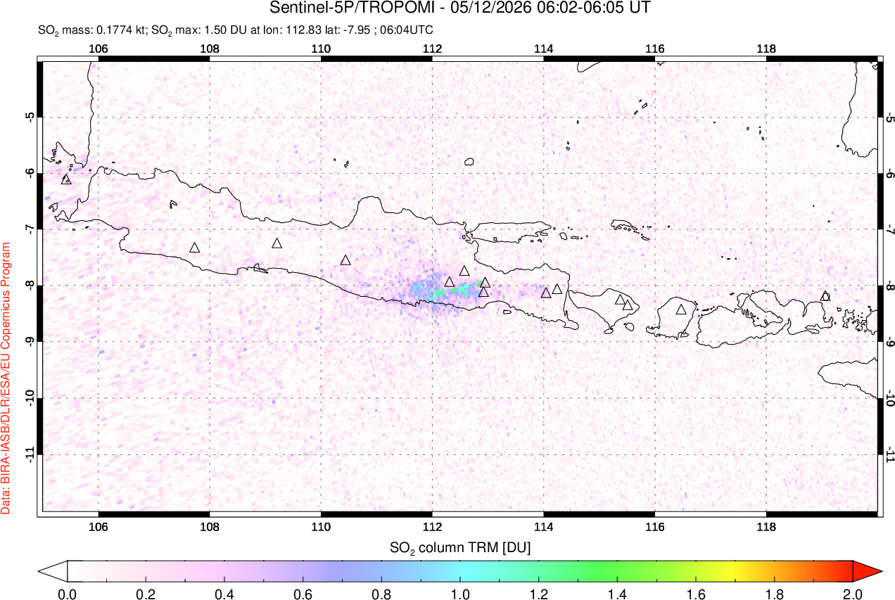 A sulfur dioxide image over Java, Indonesia on May 12, 2026.