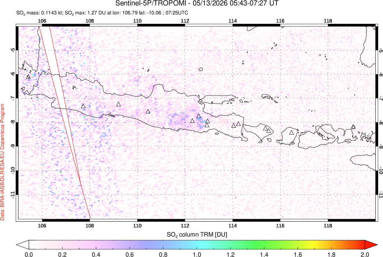 A sulfur dioxide image over Java, Indonesia on May 13, 2026.