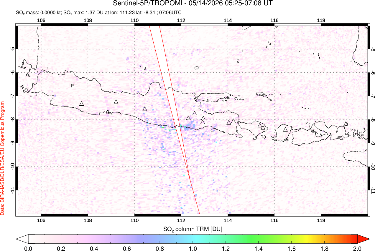 A sulfur dioxide image over Java, Indonesia on May 14, 2026.