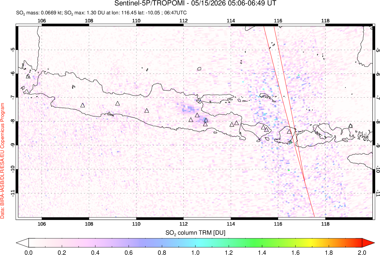 A sulfur dioxide image over Java, Indonesia on May 15, 2026.