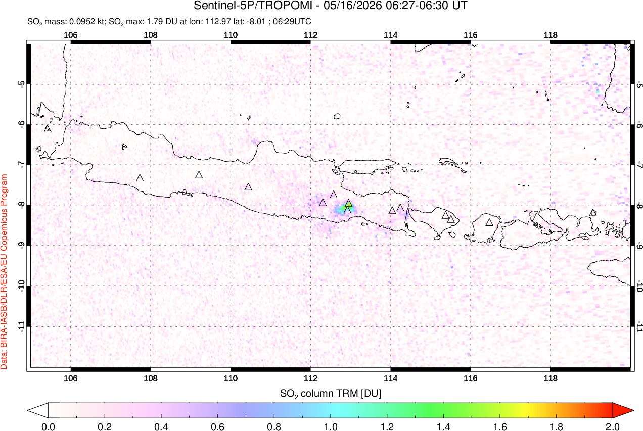 A sulfur dioxide image over Java, Indonesia on May 16, 2026.