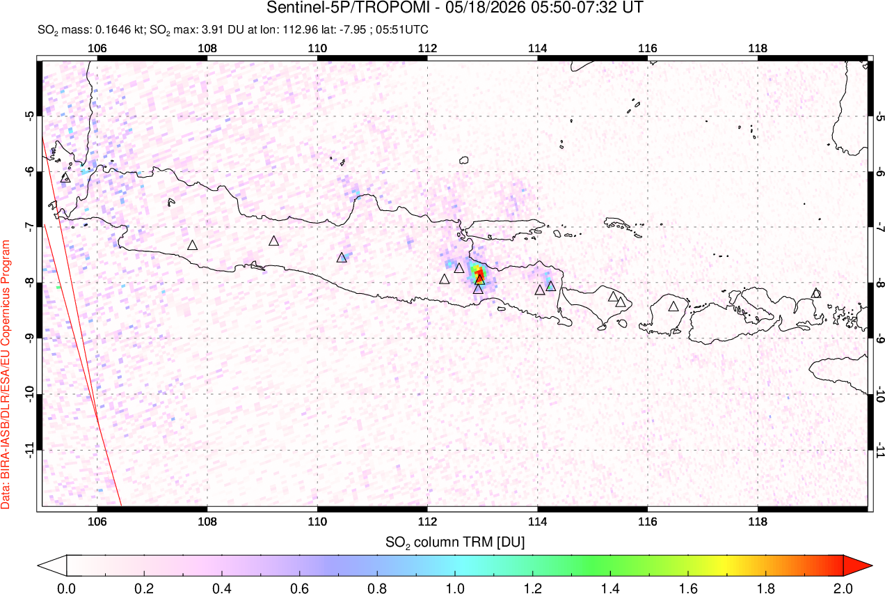 A sulfur dioxide image over Java, Indonesia on May 18, 2026.
