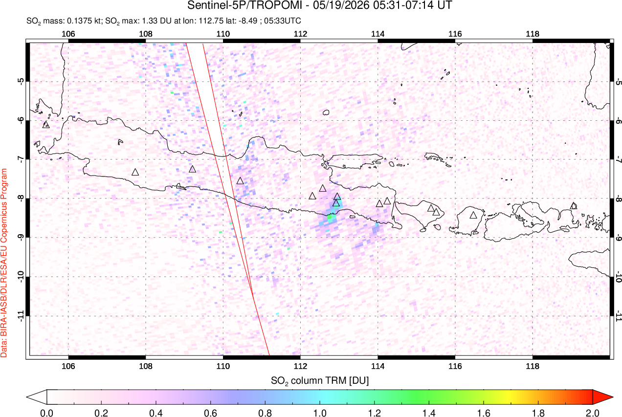 A sulfur dioxide image over Java, Indonesia on May 19, 2026.