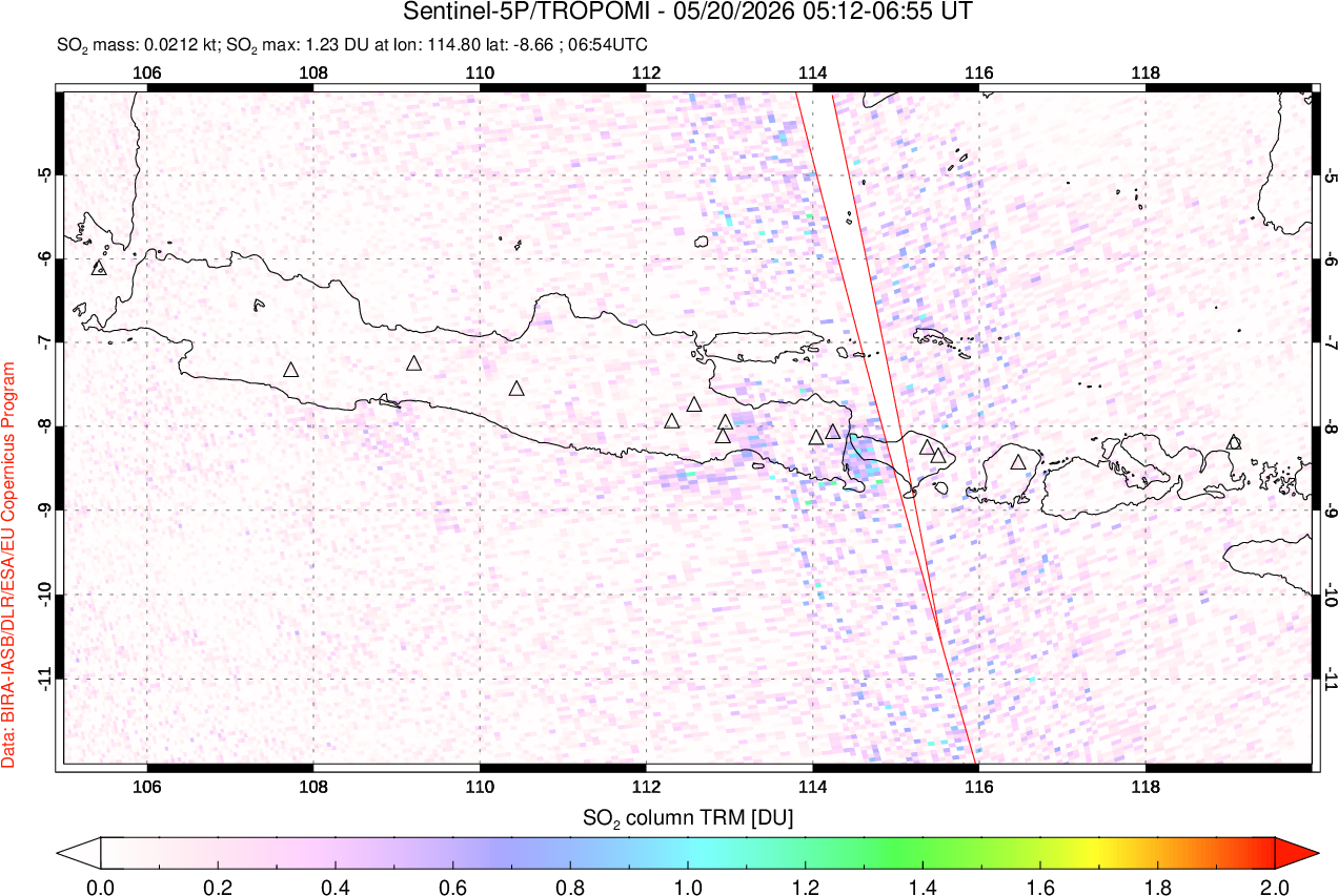 A sulfur dioxide image over Java, Indonesia on May 20, 2026.