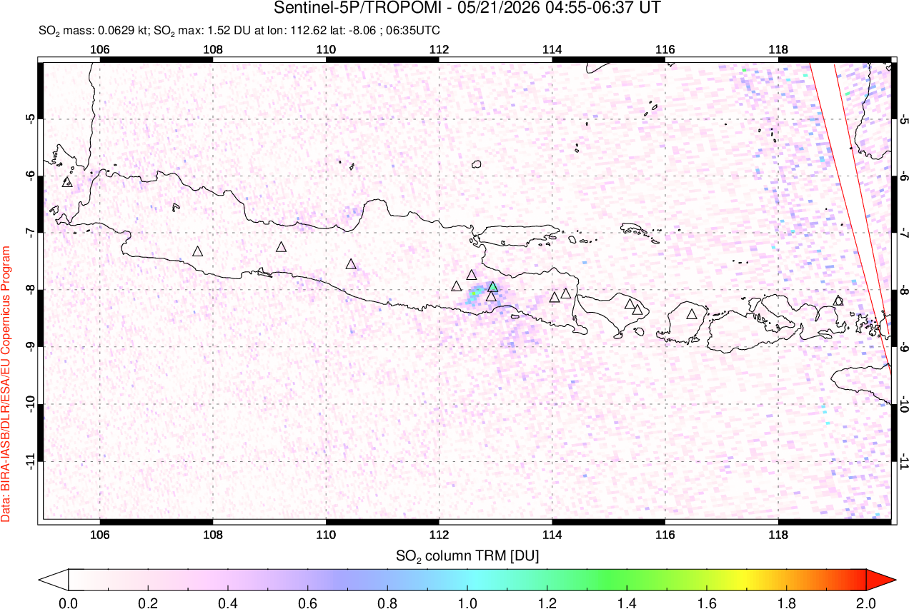 A sulfur dioxide image over Java, Indonesia on May 21, 2026.